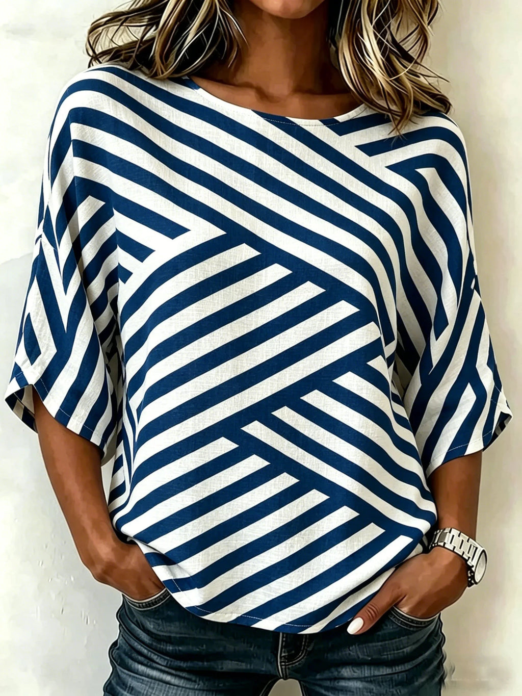 Cotton And Linen Abstract Striped Vintage Loose Casual Top