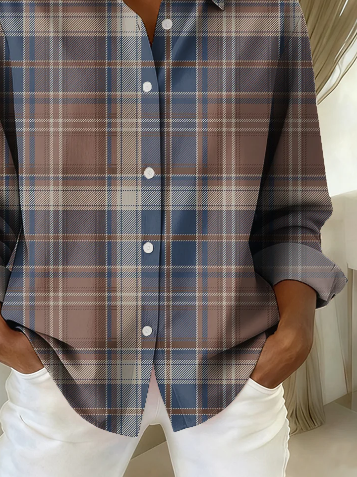 Women's Long Sleeve Shirt Spring/Fall Blue Plaid Buckle Shirt Collar Regular Sleeve Daily Going Out Casual Top