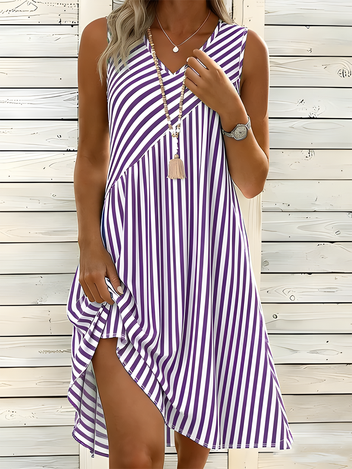 Women Striped Summer Dress V Neck Sleeveless Tank A-Line Dress