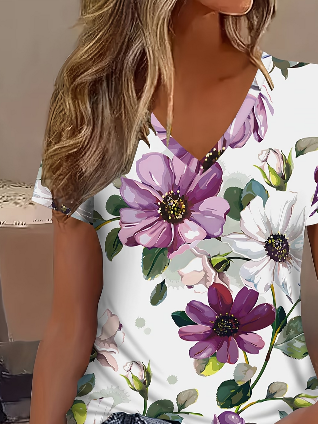 Women's Short Sleeve T-shirt Summer White Floral Printing V Neck Holiday Going Out Vintage Top