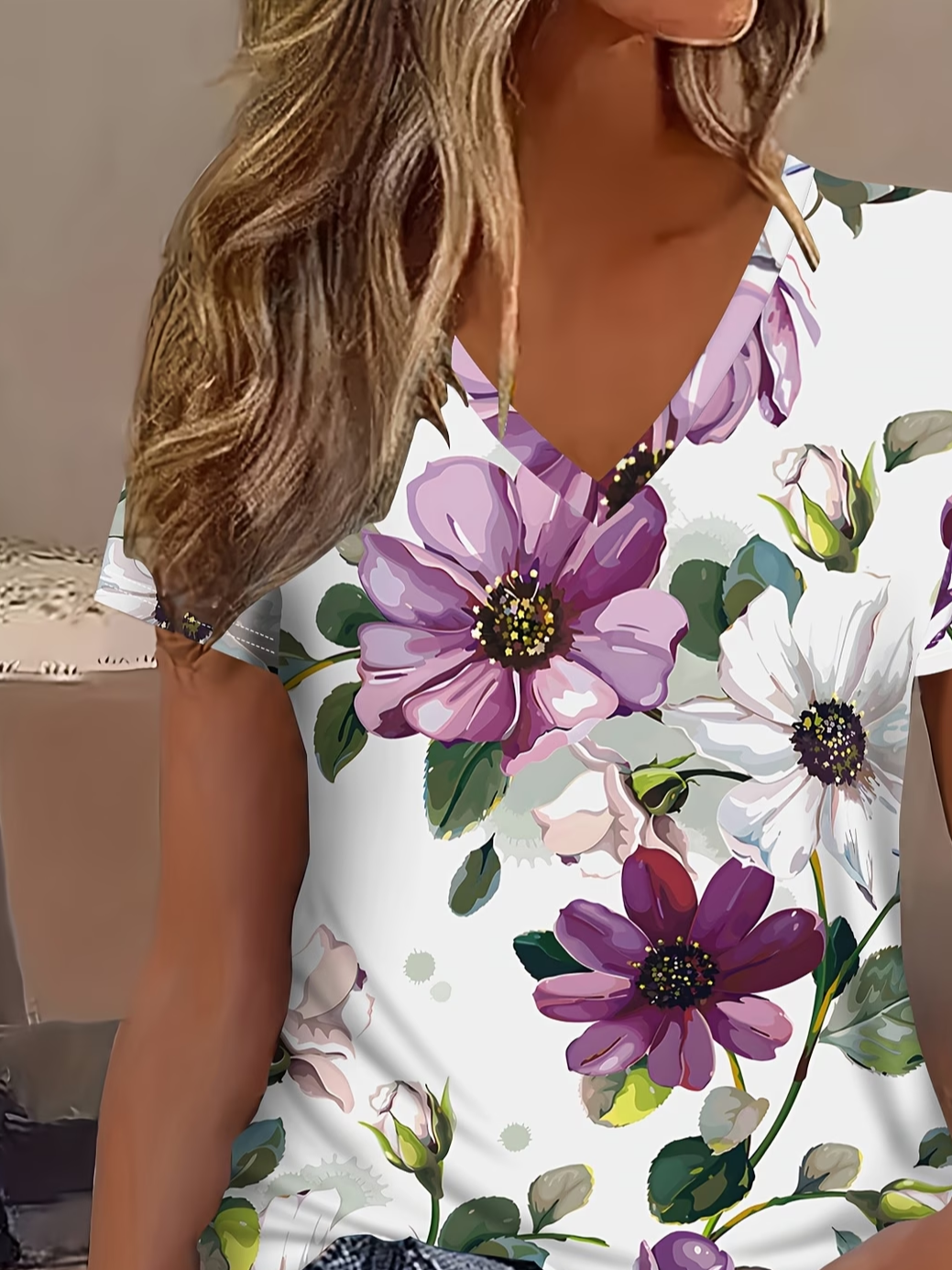Women's Short Sleeve T-shirt Summer White Floral Printing V Neck Holiday Going Out Vintage Top