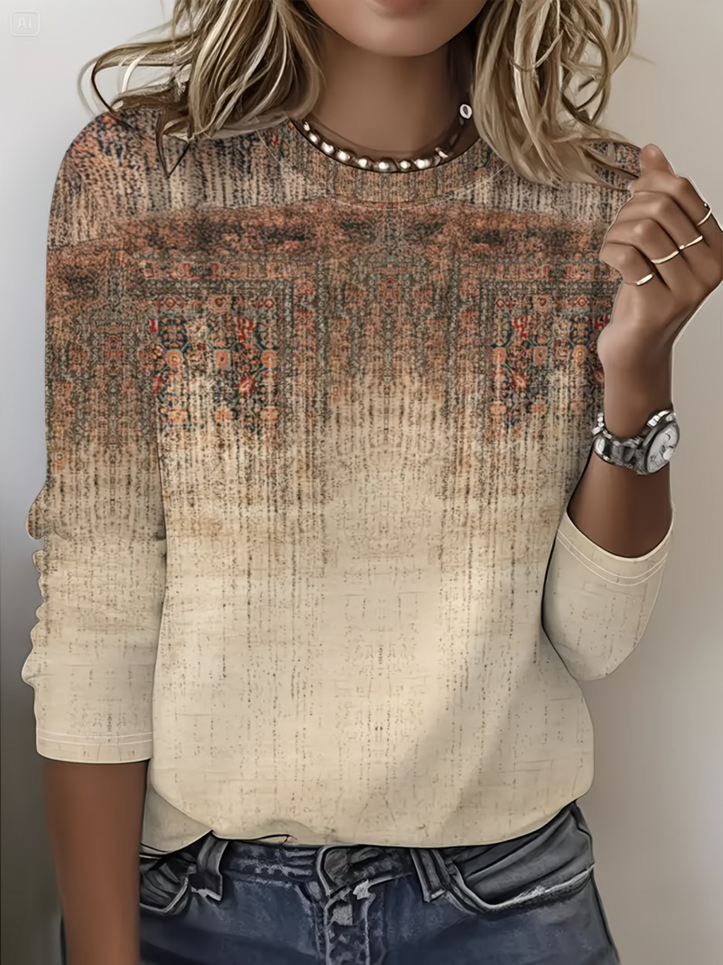 Women's Long Sleeve T-shirt Spring/Fall Khaki Abstract Printing Jersey Crew Neck Daily Going Out Casual Top