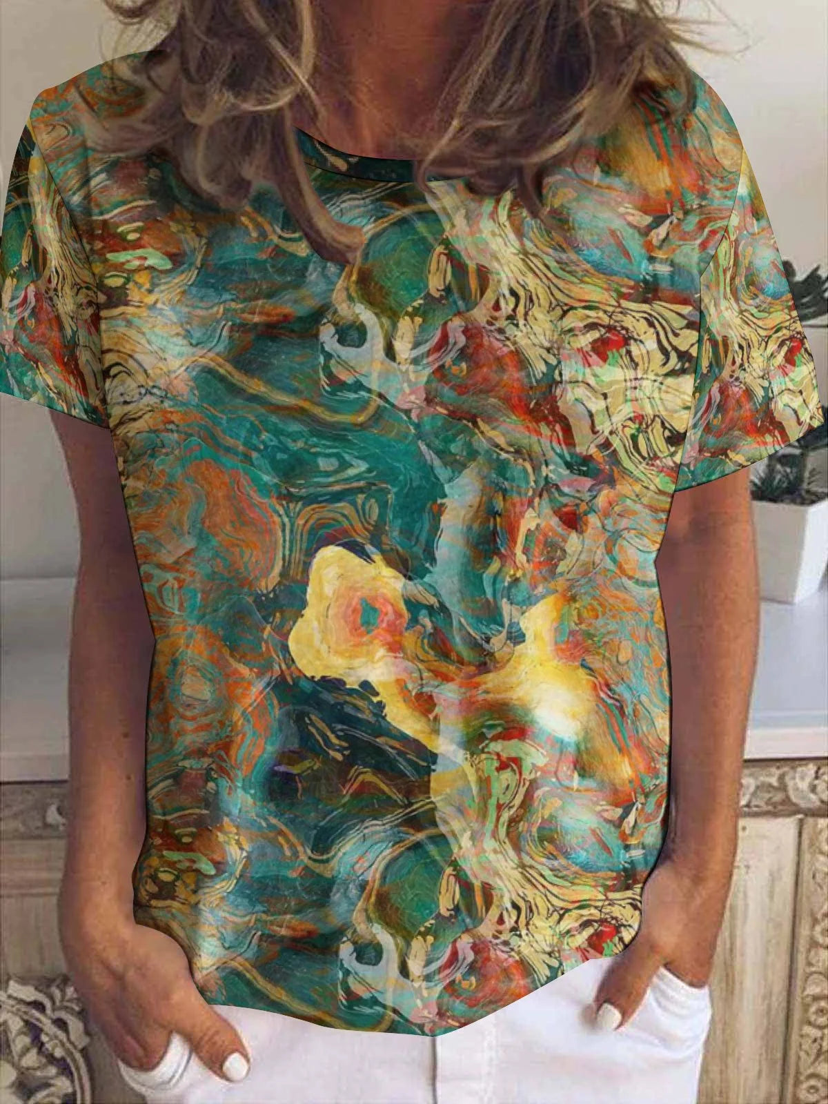 Women Abstract Rendering Painting Prints Simple Crew Neck T-Shirt