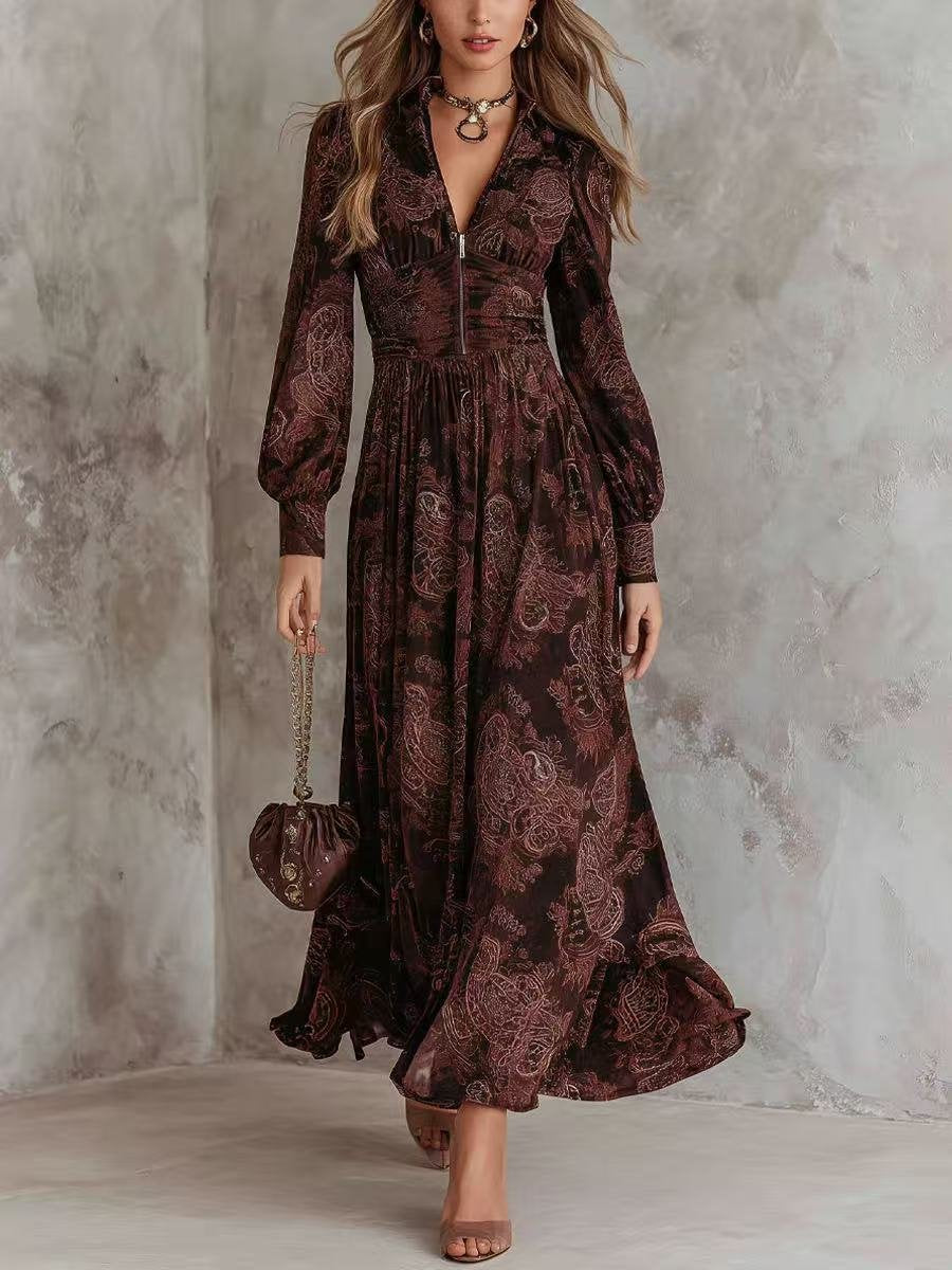 Women's Brown Paisley Print Maxi Dress Collared Long Sleeve Zip Front Bohemian Party Dress