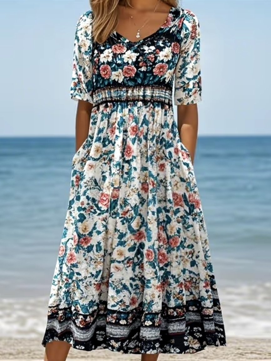Cotton Floral Boho Crew Neck Dress With No