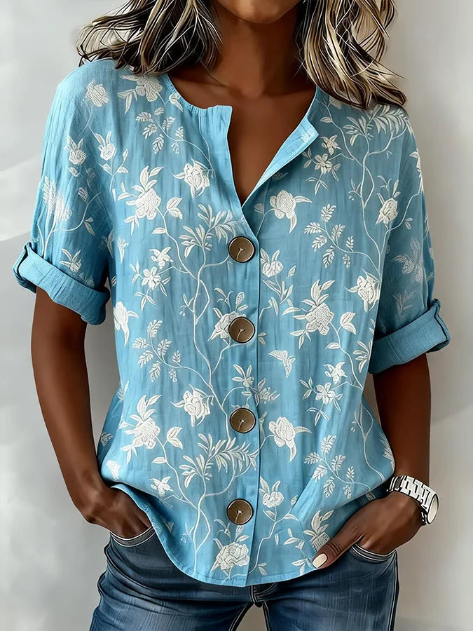 Women's Long Sleeve Shirt Spring/Fall Blue Floral Buckle Stand Collar Daily Going Out Casual Top