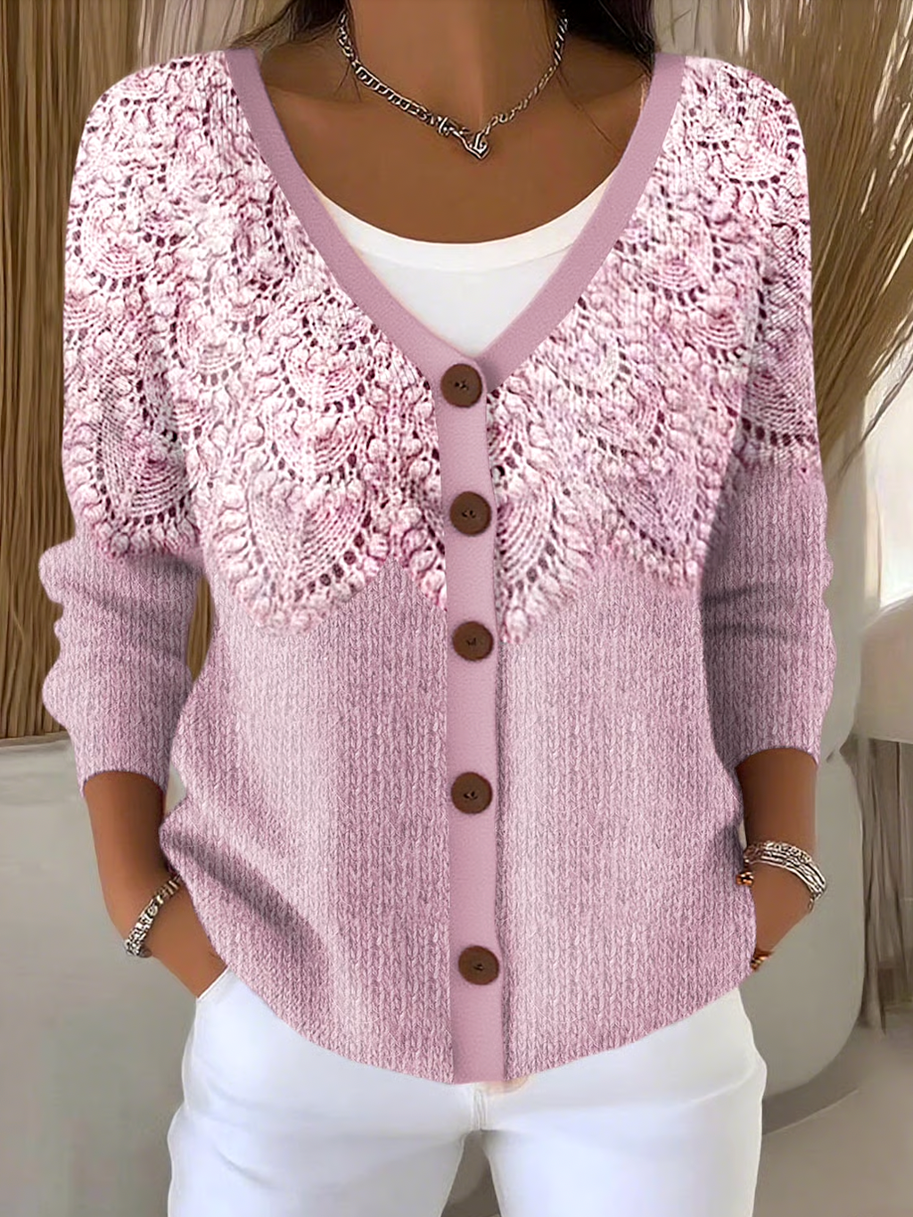 Floral Regular Fit V Neck Casual Cardigan