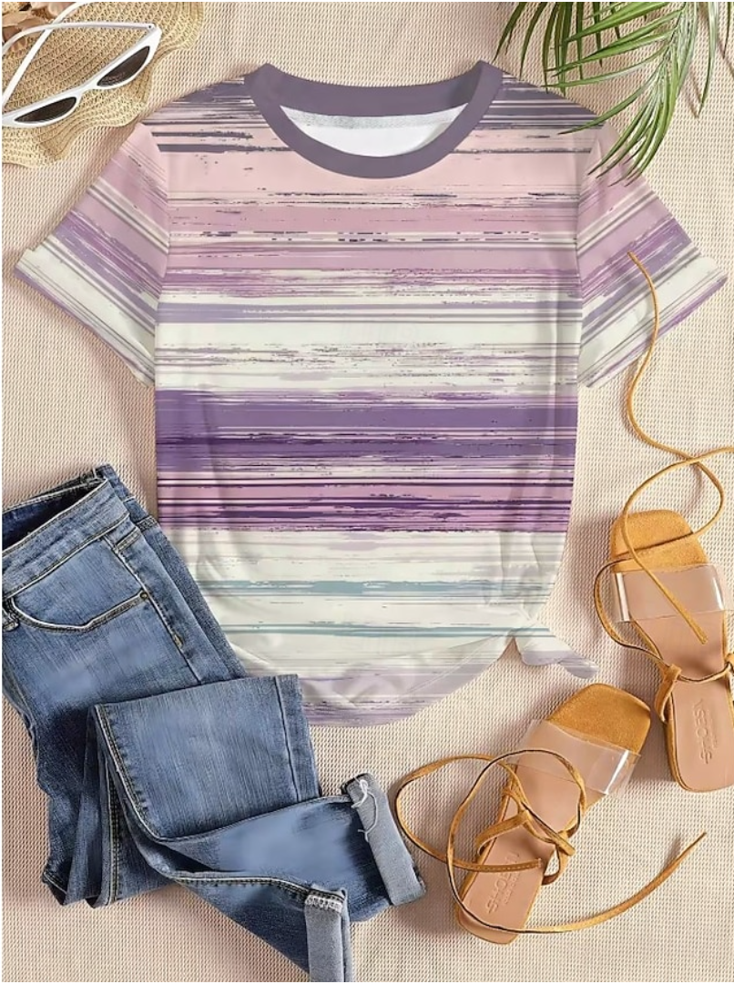 Women's Fashionable Striped Print Short-Sleeve T-Shirt