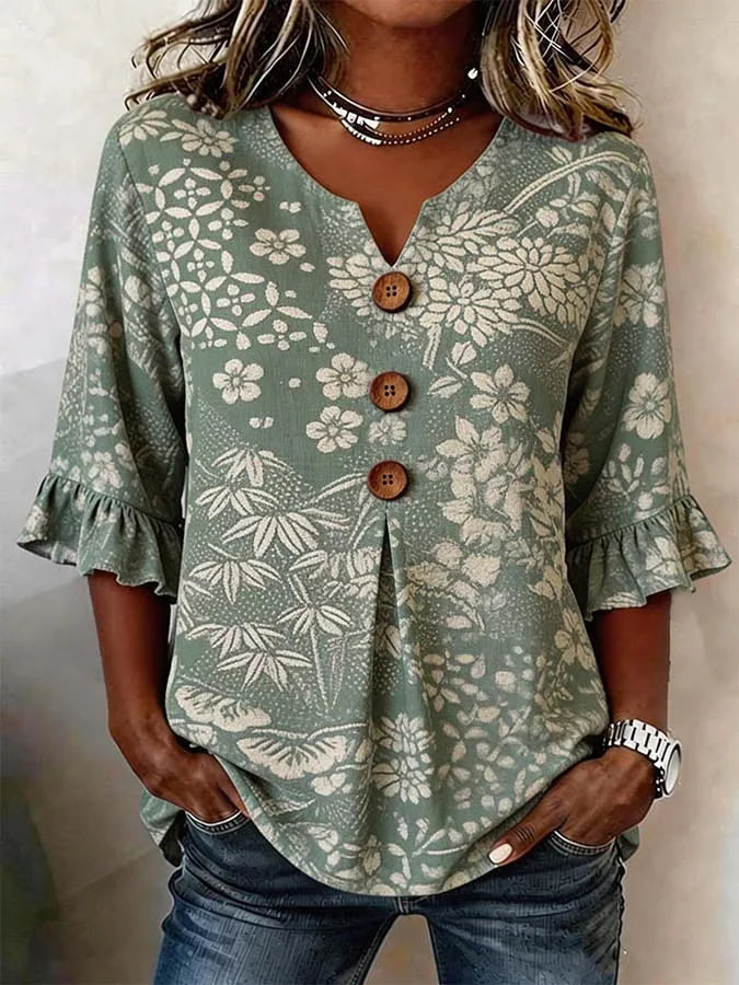 Women's Half Sleeve Blouse Summer Green Floral Printing V Neck Daily Going Out Vintage Top