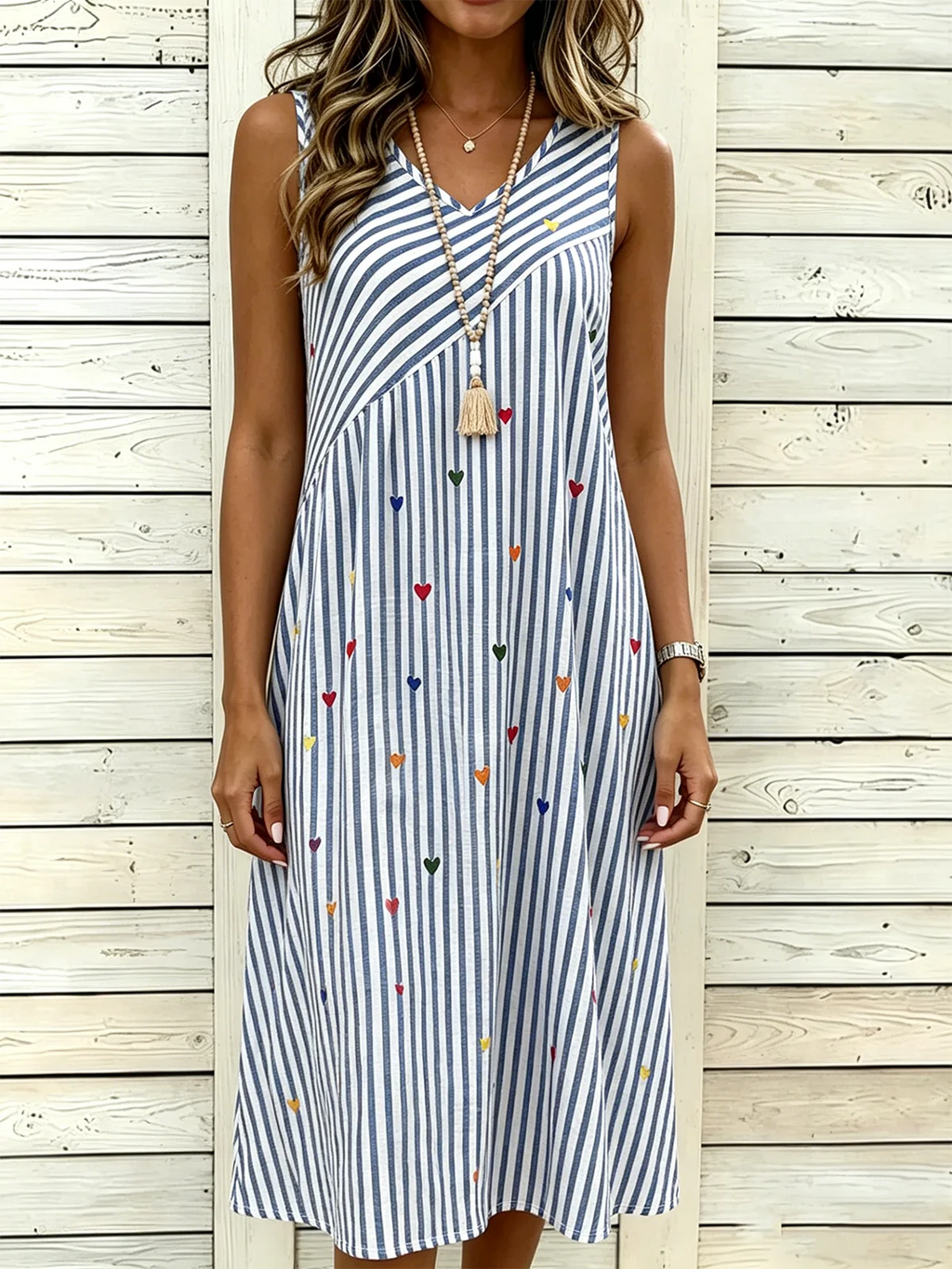Women’s Vertical Stripe Heart Print Sleeveless V Neck Midi Dress Casual Boho Sundress