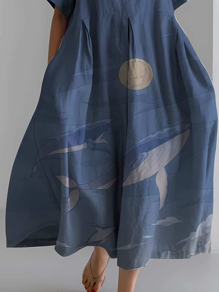 Women's Ocean Whale Art Print Vintage Round Neck Pleated Dress