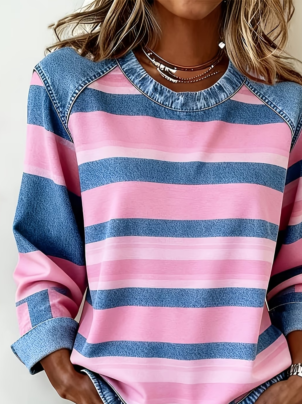Women's Abstract Stripes Print Patchwork Denim Crewneck Long-Sleeved Sweatshirt