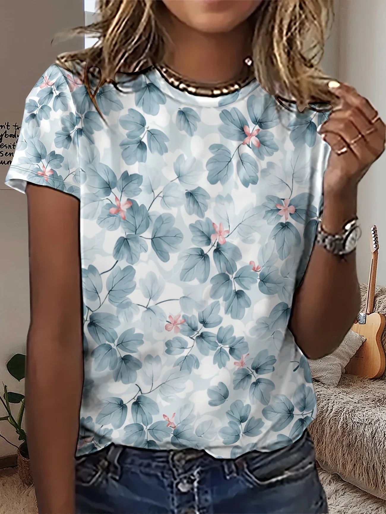 Women's Short Sleeve T-shirt Summer Blue Floral Printing Crew Neck Daily Going Out Casual Top