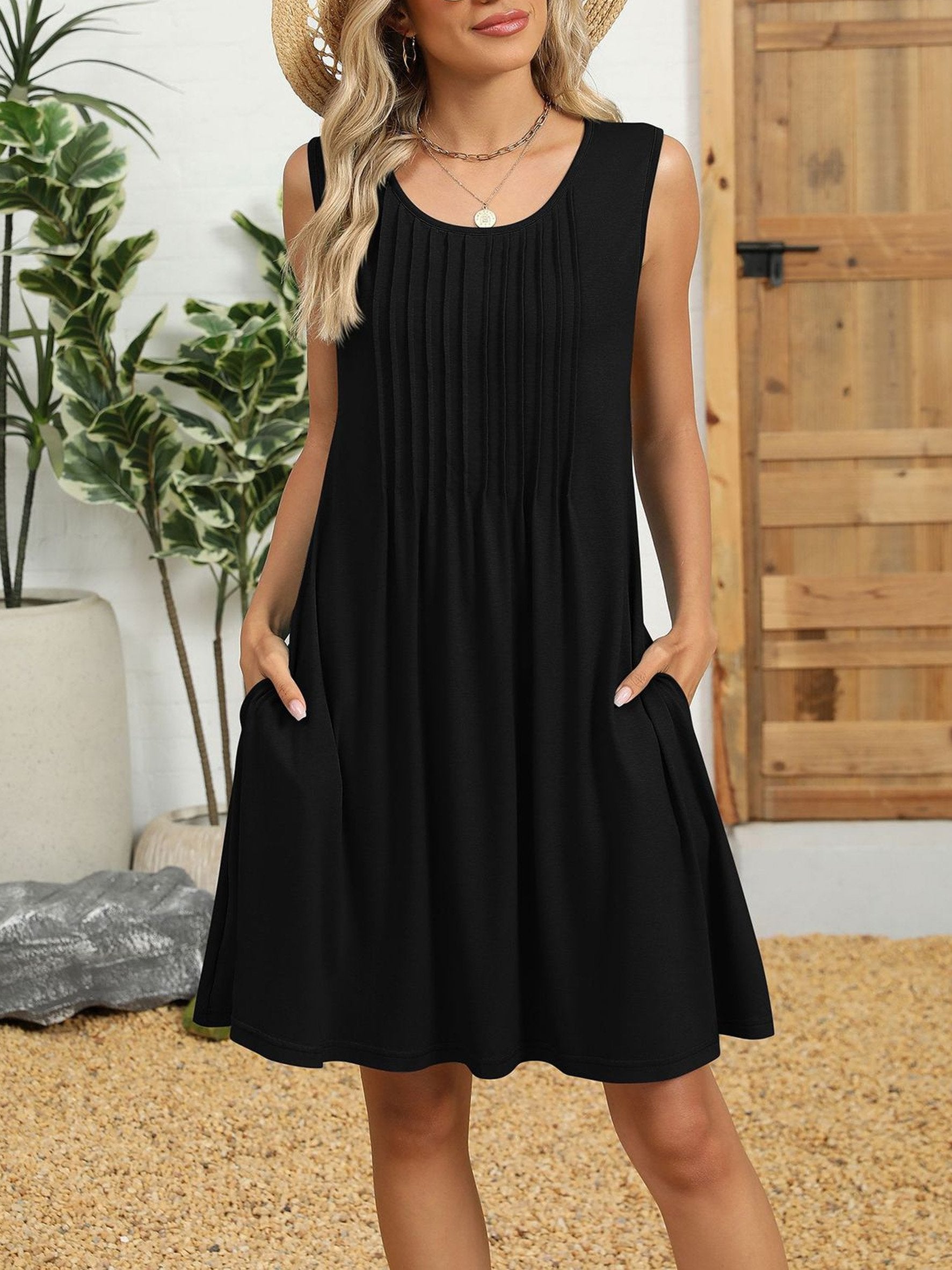 Regular Fit Crew Neck Plain Vacation Dress With No