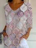 Women's Three Quarter Sleeve T-shirt Spring/Fall Purple Abstract Printing V Neck Daily Going Out Casual Top