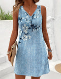 Casual Sleeveless V-Neck Button Print Dress