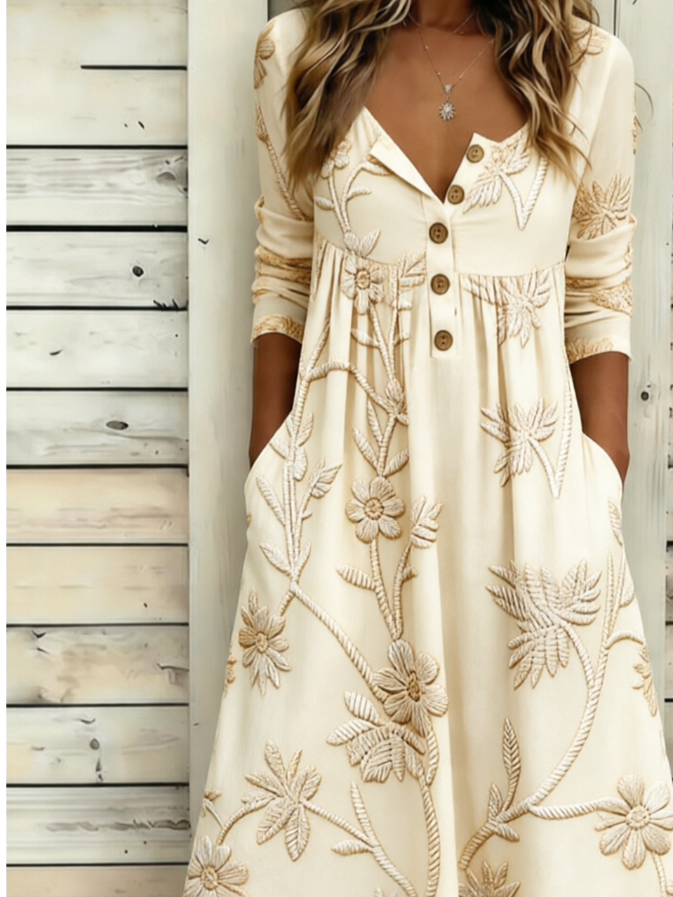 Loose Half Open Collar Floral Vintage Dress With No
