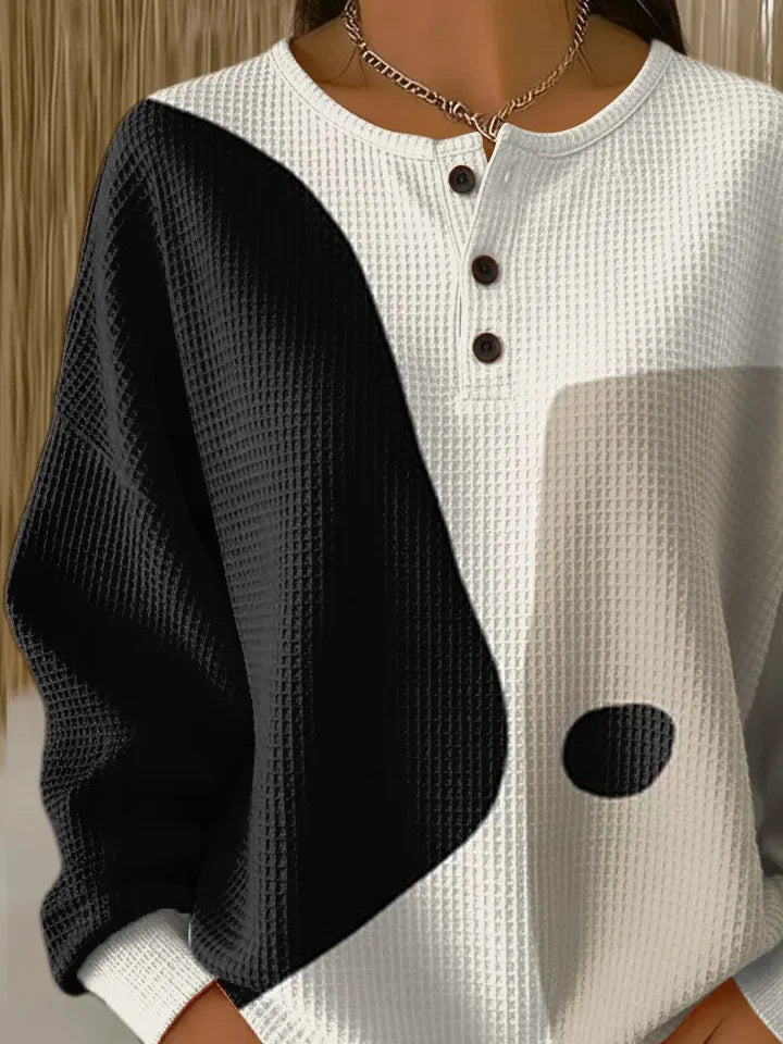 Women's Abstract Print Button-Up Casual Waffle Knit Sweatshirt