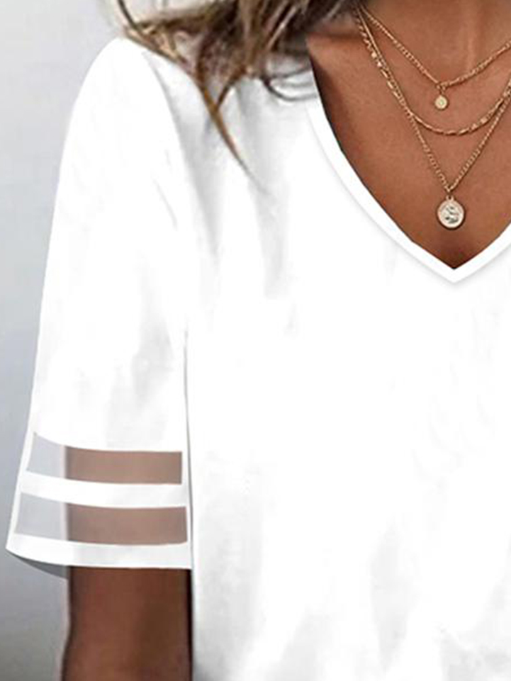 Loose V Neck Casual Mesh Striped Patchwork Design Half Sleeve T-Shirt