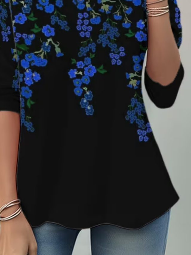 Women's Long Sleeve T-shirt Spring/Fall Black Floral Jersey Crew Neck Daily Going Out Casual Top