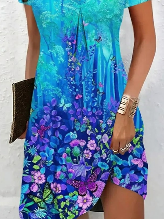 Women's Floral Butterfly Spring Print Casual V-Neck Short Sleeve Dress