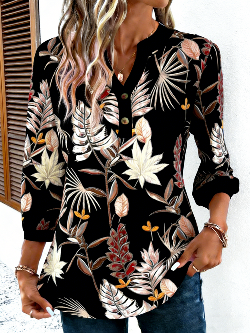 Floral Elegant Loose V Neck T-Shirt