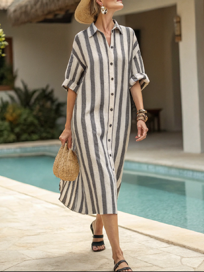 Boho Striped Button-Down Maxi Shirt Dress