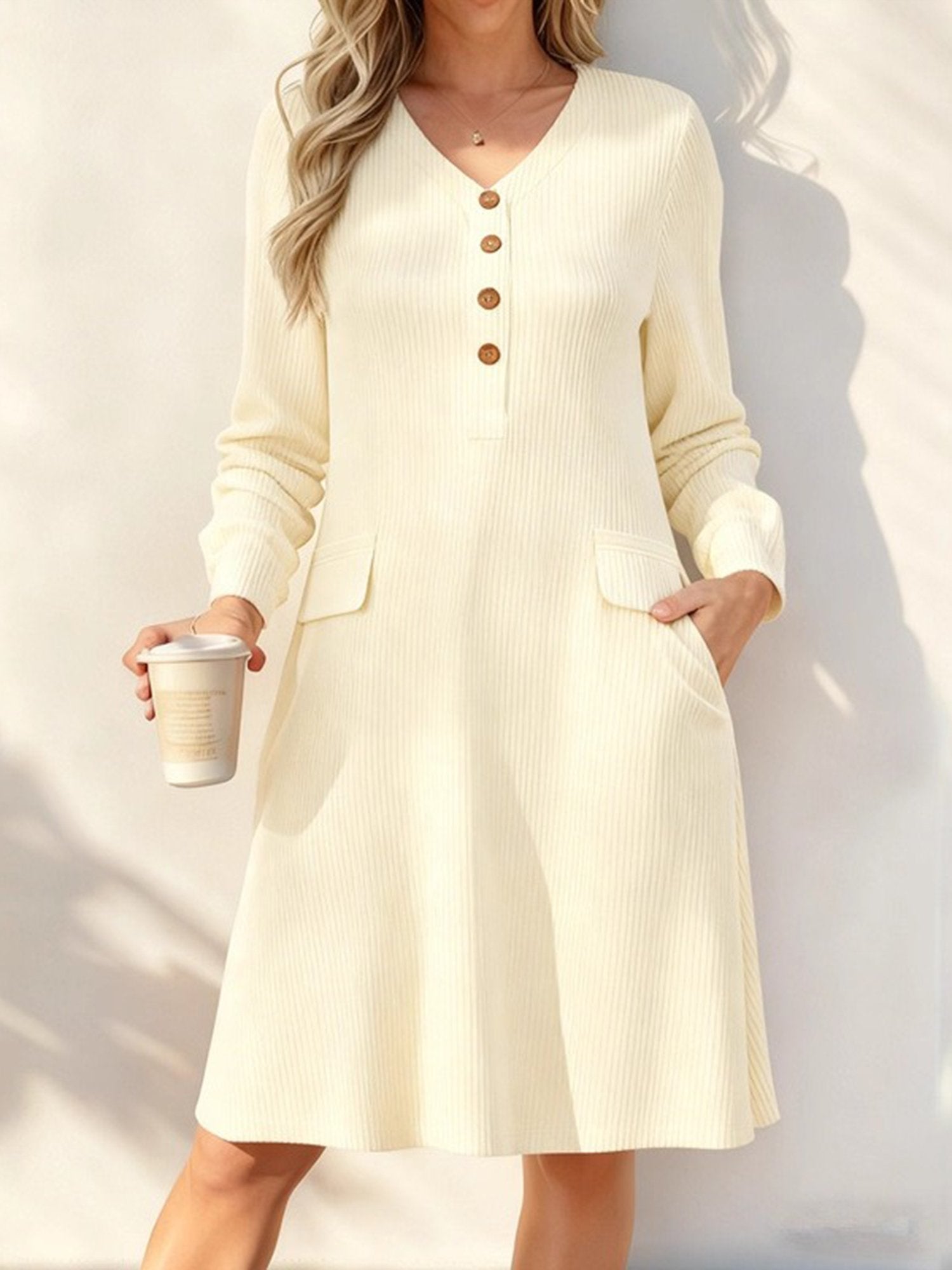 Casual Striped V Neck Knee Length Dress