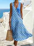 Linen Look Geometric V Neck Sleeveless Button Summer Vacation Casual Maxi Dress