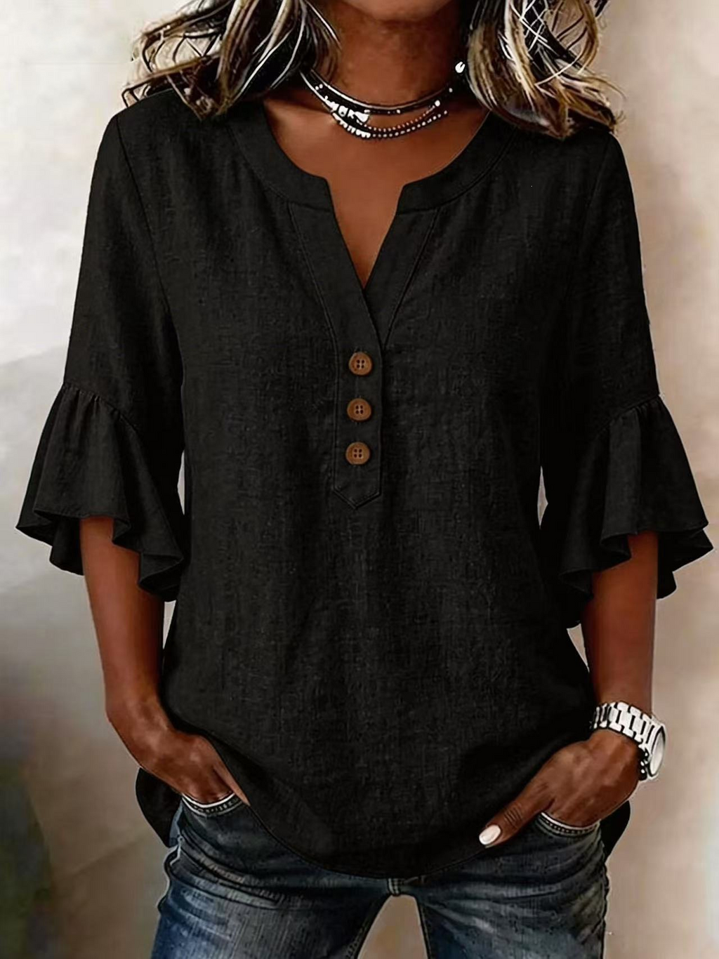 Cotton And Linen The Quarter Sleeve Ruffle V Neck Casual Blouse