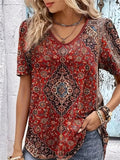 Women's Short Sleeve T-shirt Summer Red Ethnic Printing V Neck Holiday Going Out Vintage Top