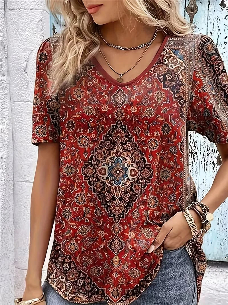 Women's Short Sleeve T-shirt Summer Red Ethnic Printing V Neck Holiday Going Out Vintage Top