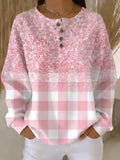 Women's Pink Ombre & Gingham Print Long Sleeve Henley Neck Casual Sweatshirt with Buttons