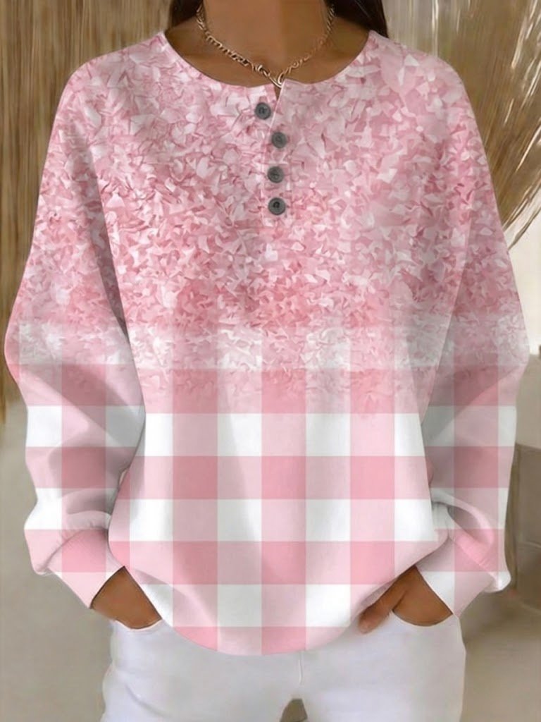 Women's Pink Ombre & Gingham Print Long Sleeve Henley Neck Casual Sweatshirt with Buttons
