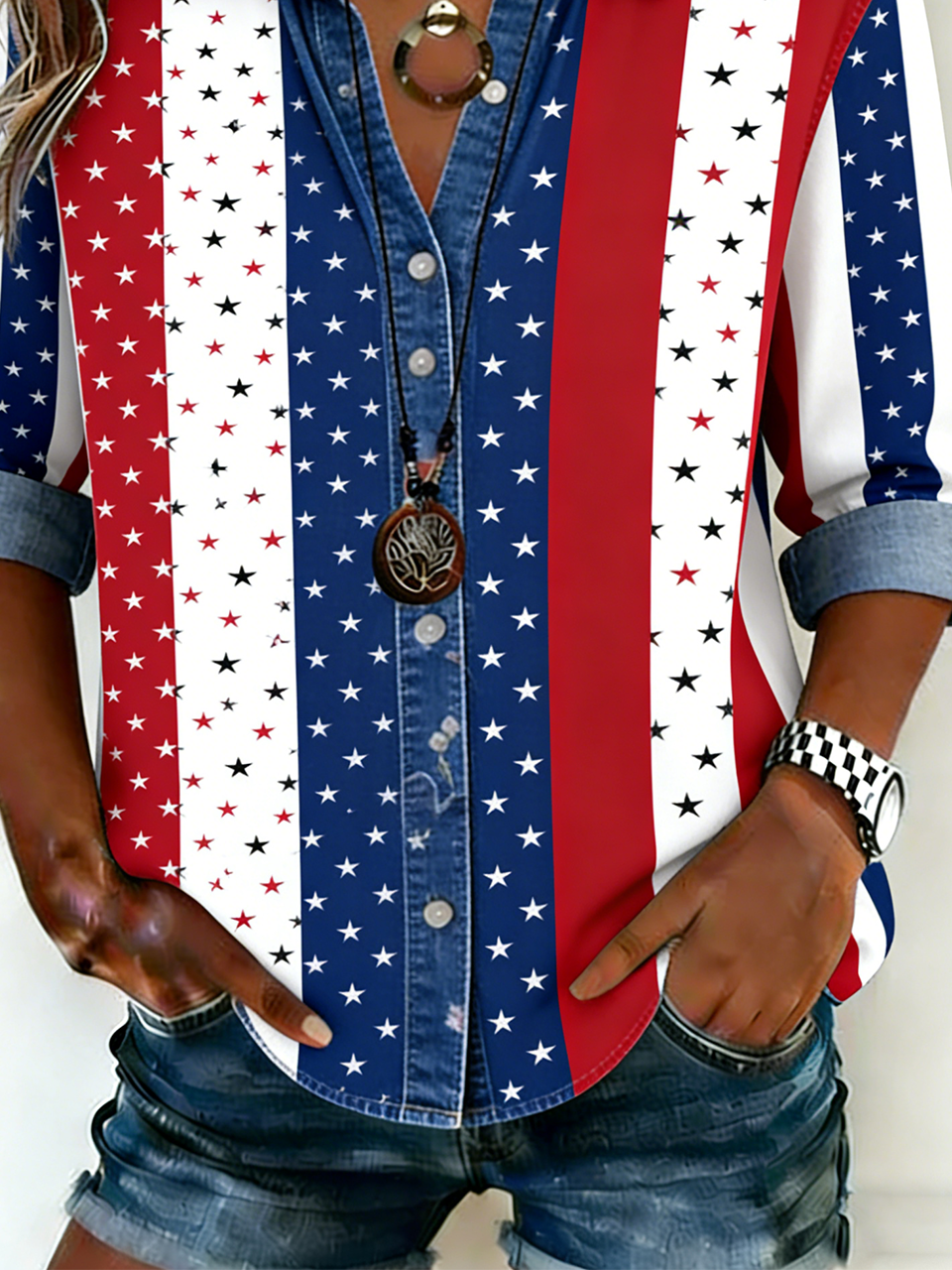 Faux Denim Print Graphic Casual Others Shirt