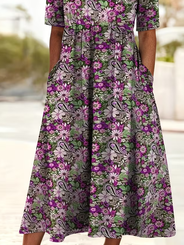 Women's Short Sleeve Summer Purple Floral Printing Crew Neck Daily Going Out Casual Maxi H-Line Shift Dress Dress