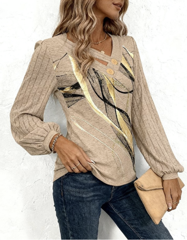 Abstract Graphic/Stripe Print Regular Fit Long Sleeve V Neck Jersey Casual Knit T-Shirt