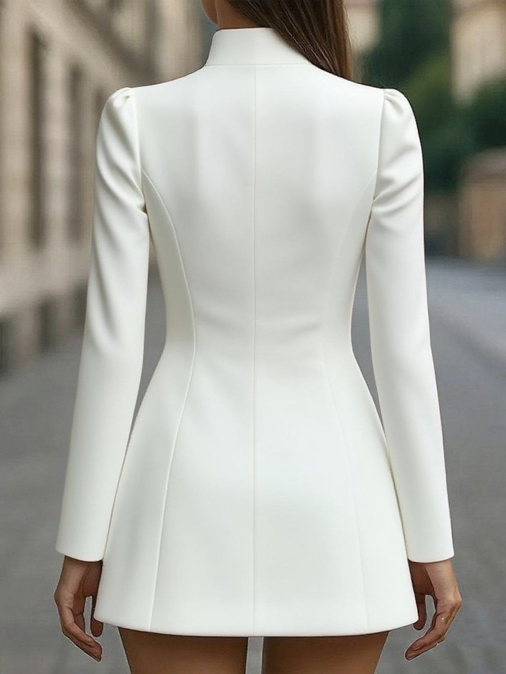 Elegant Plain Long Sleeve Stand Collar Button Dress