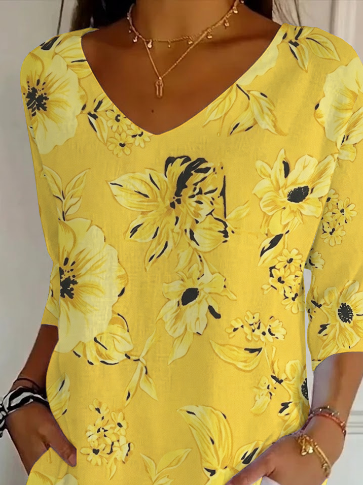 Women's Three Quarter Sleeve T-shirt Spring/Fall Yellow Floral Printing V Neck Daily Going Out Casual Top