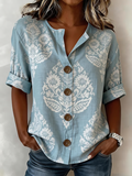 Women's Long Sleeve Shirt Spring/Fall Blue Floral Buckle Stand Collar Daily Going Out Casual Top