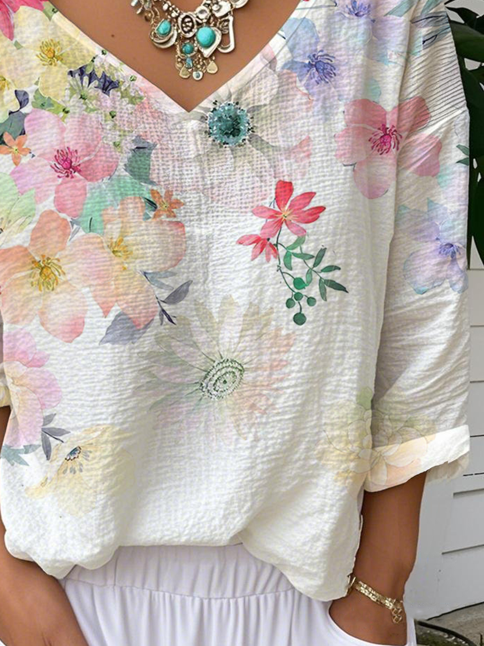 Casual Loose V Neck Gradient Pattern T-Shirt