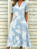 Elegant Blue Floral Print V Neck Short Sleeve Casual Maxi Dress