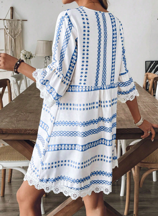 Cotton-Blend Striped Boho Loose Dress With No