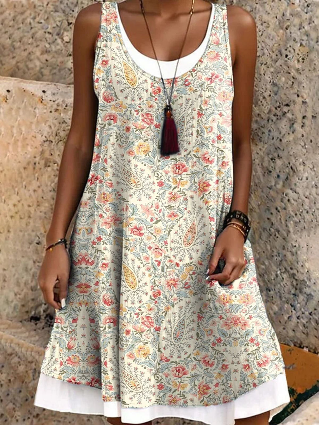 Boho Floral Paisley Sleeveless Tank Dress - Casual Summer Flowy Sundress