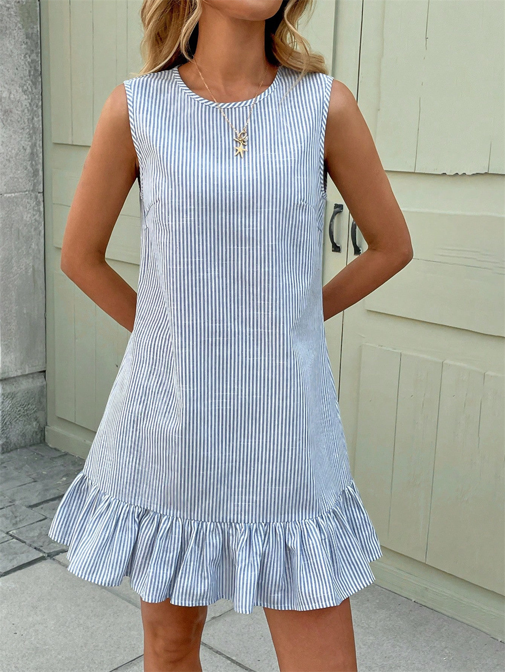 Women Stripe Crew Neck Sleeveless Ruffle Summer Going Out Casual Tank Dress