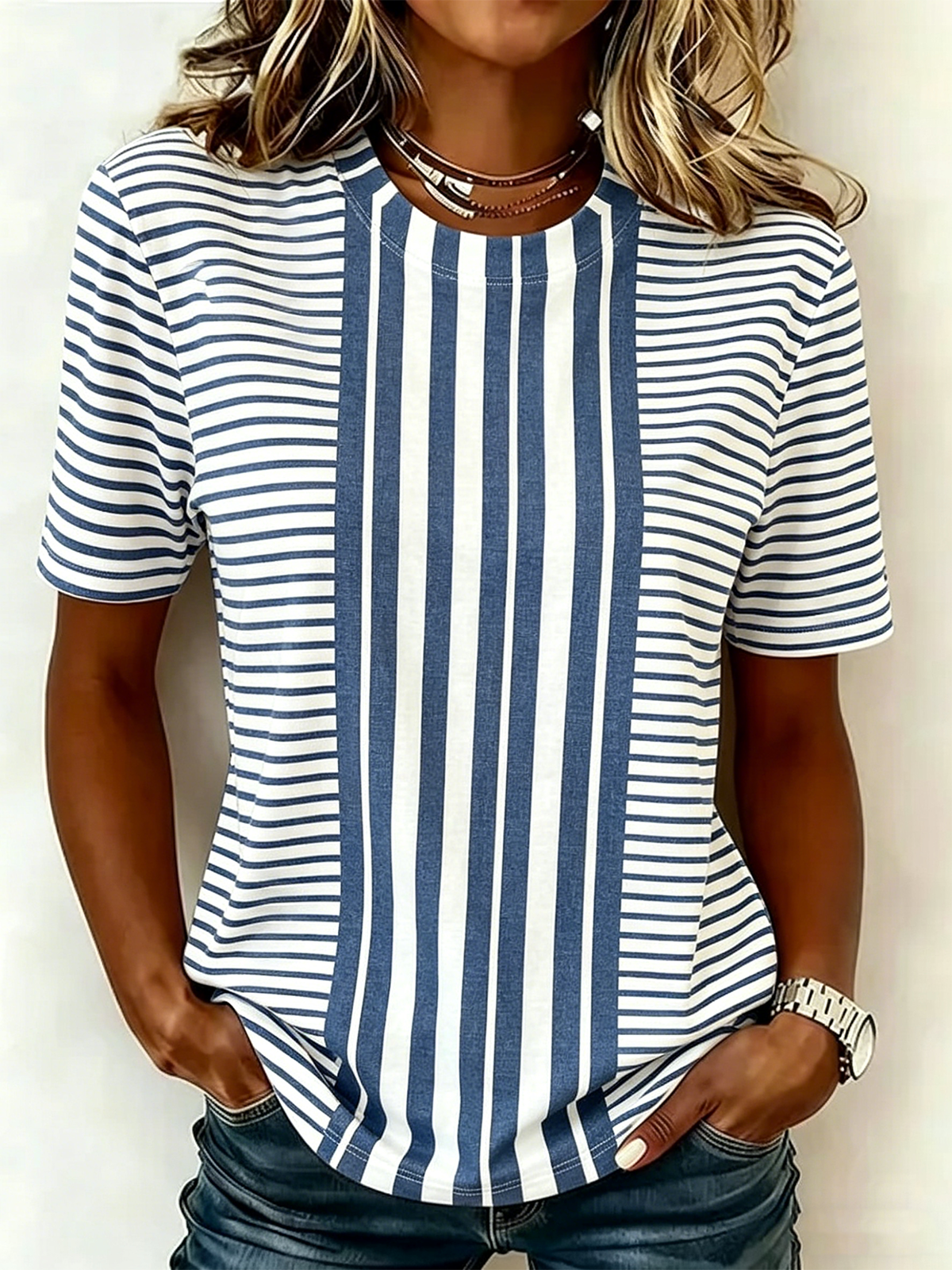 Striped Cotton-Blend Casual Crew Neck T-Shirt
