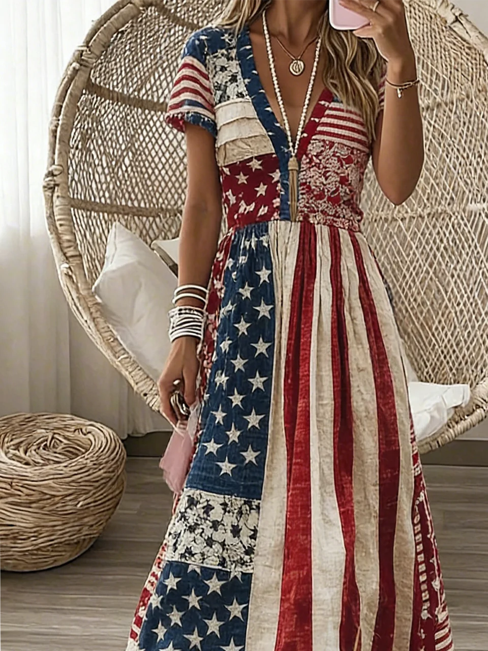 V Neck Regular Fit Independence Day Casual Dress With No