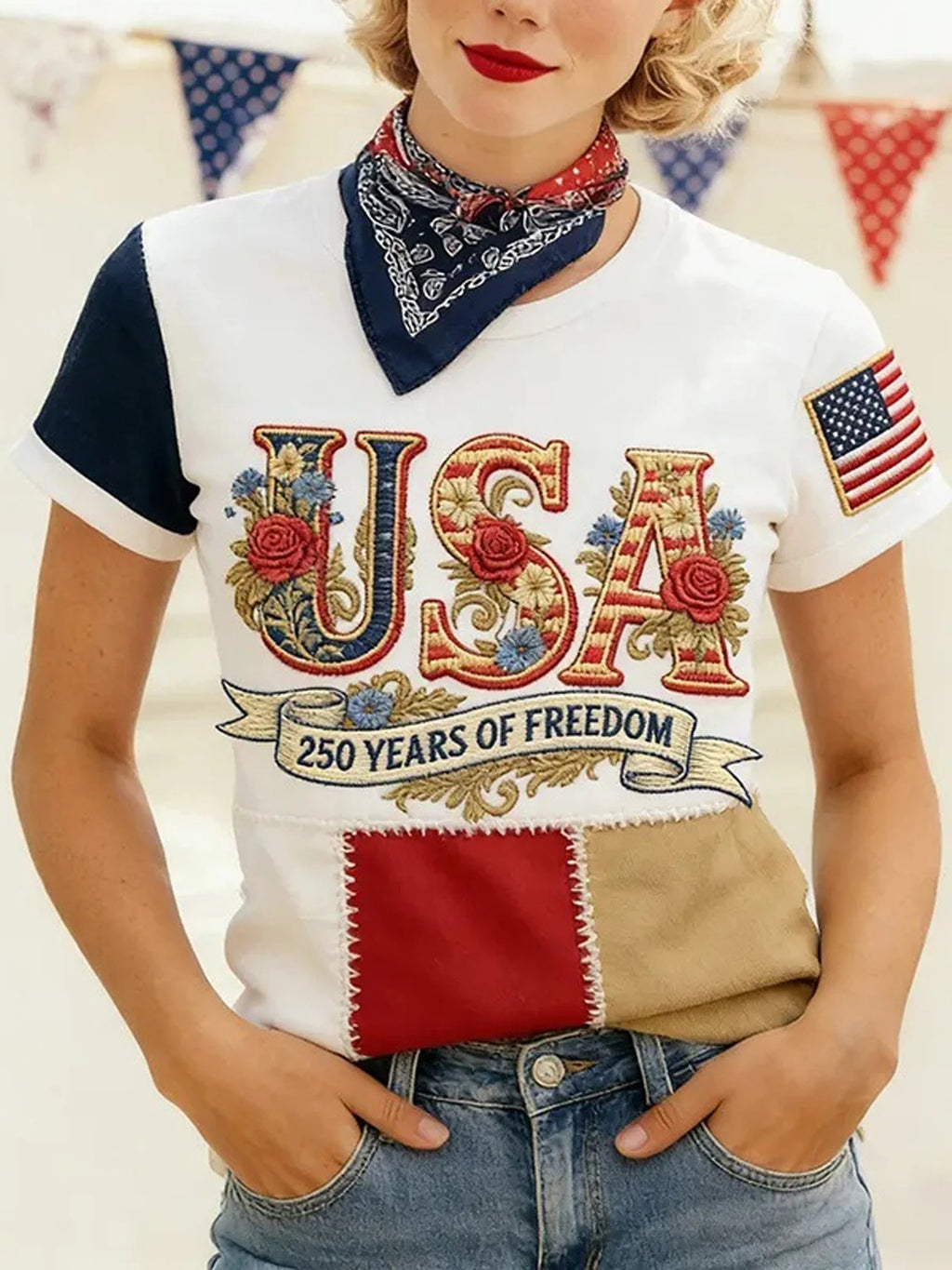 Color Block Jersey America Flag USA Letter Print Floral Vintage Crew Neck T-Shirt