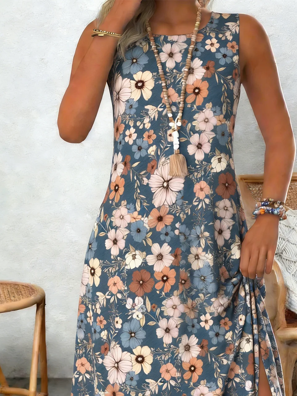 Floral Cotton Loose Casual Dress With No
