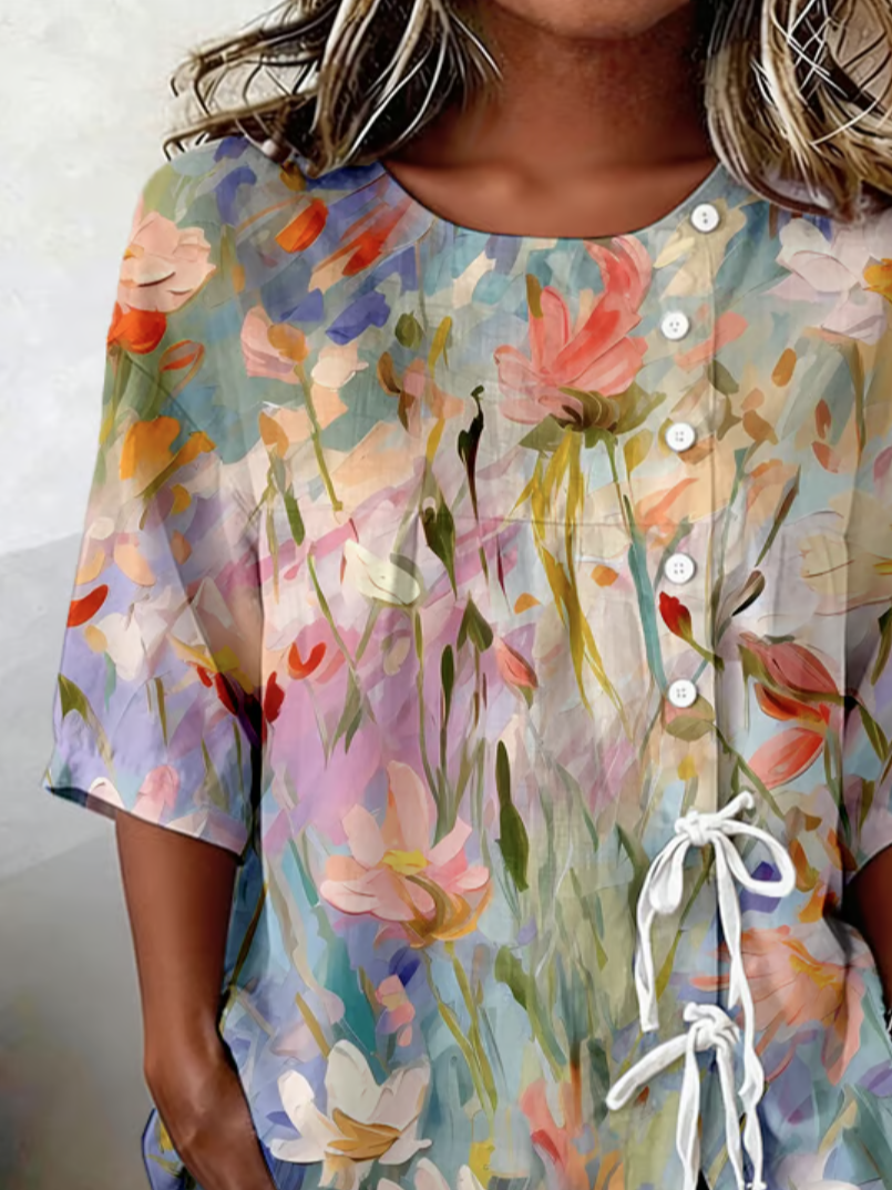 Linen Blend Crew Neck Loose Vintage Blouse